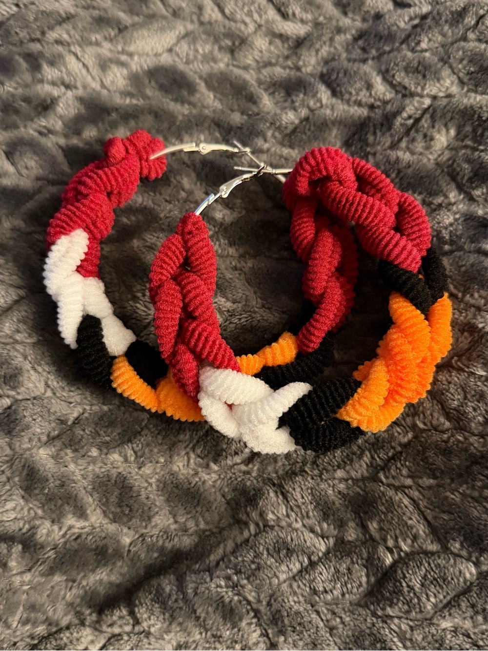 Braided Multicolor Hoop Earrings — Burgundy , White, Black & Orange